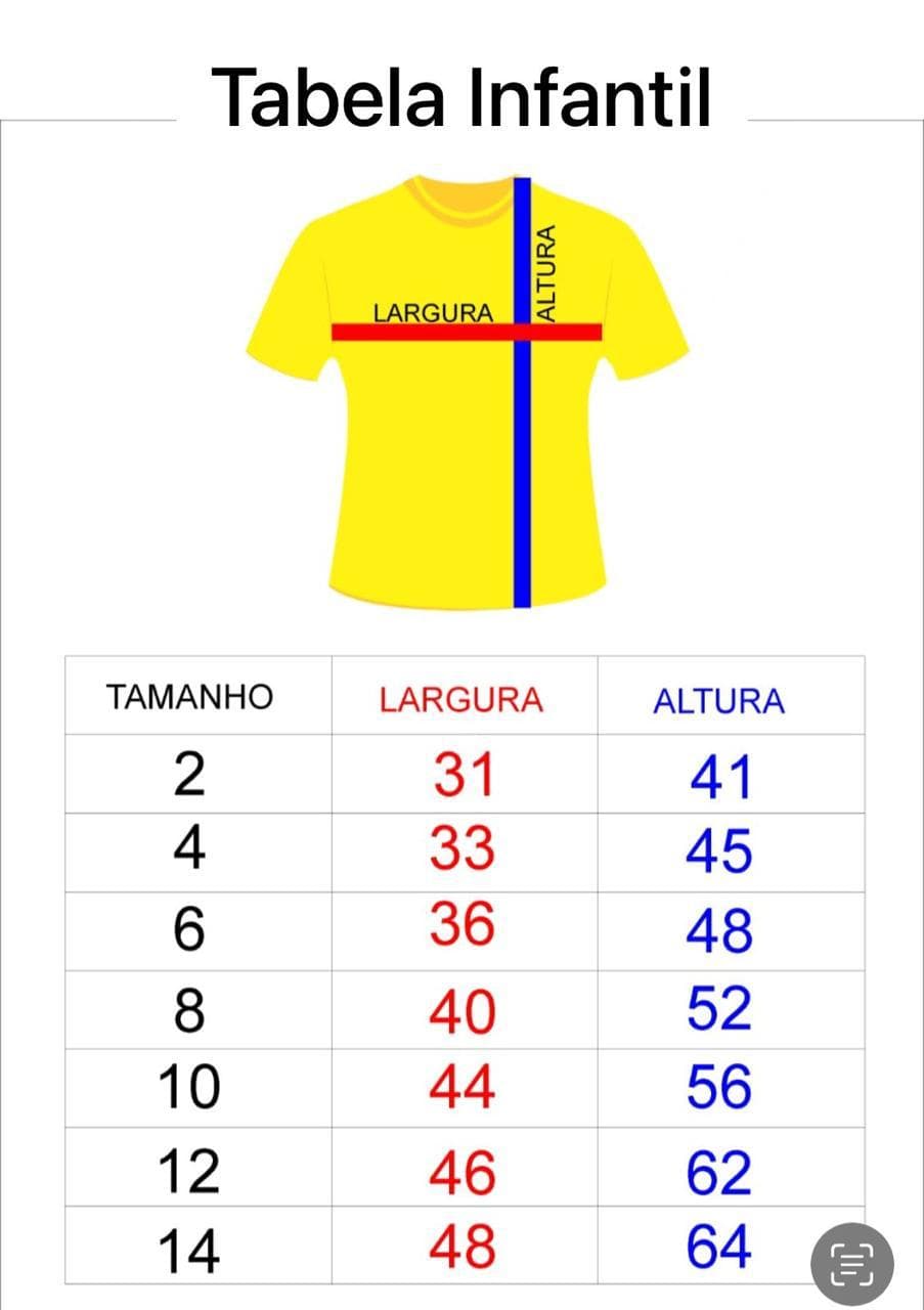 Tabela de medidas do uniforme oficial do evento.